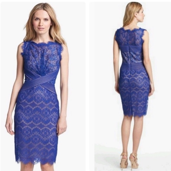 Tadashi Shoji Chantilly Boatneck Lace blue sheath dress - Picture 2 of 10